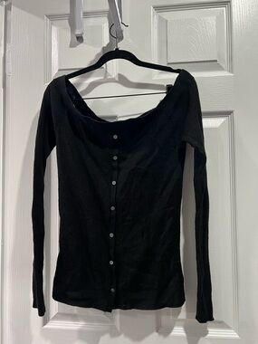 Frame Denim Black Ribbed Button-Front Long Sleeve Top